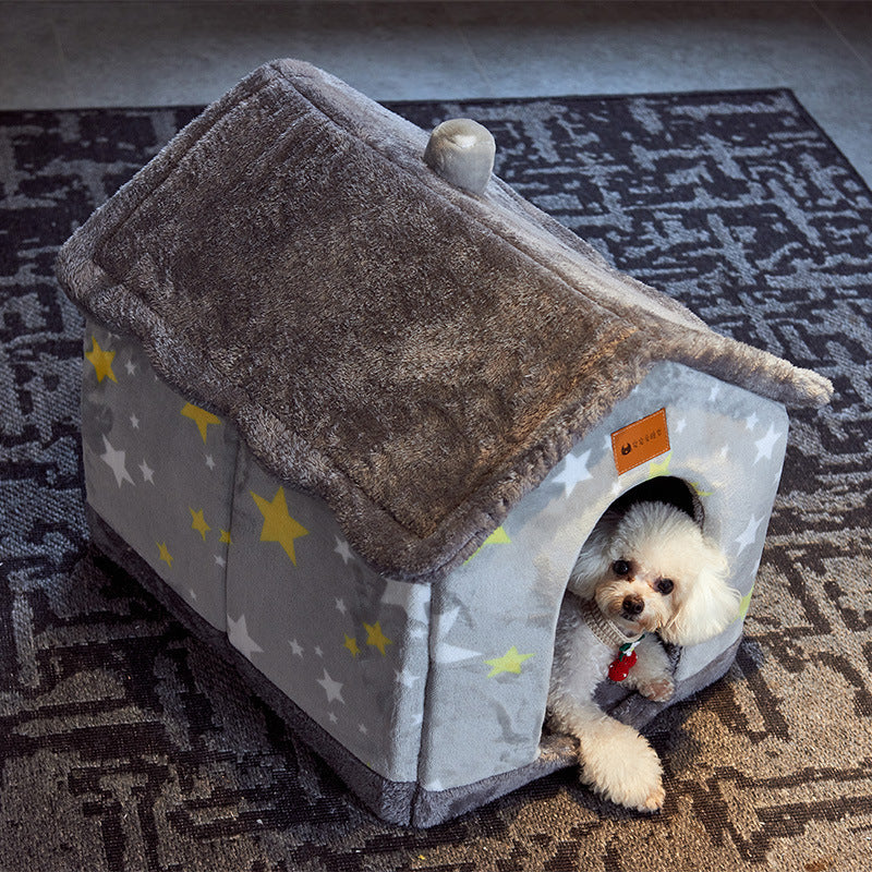 Winter Pet Bed Cave – Foldable Dog House, Warm Cat Nest, Cozy Enclosed Kennel