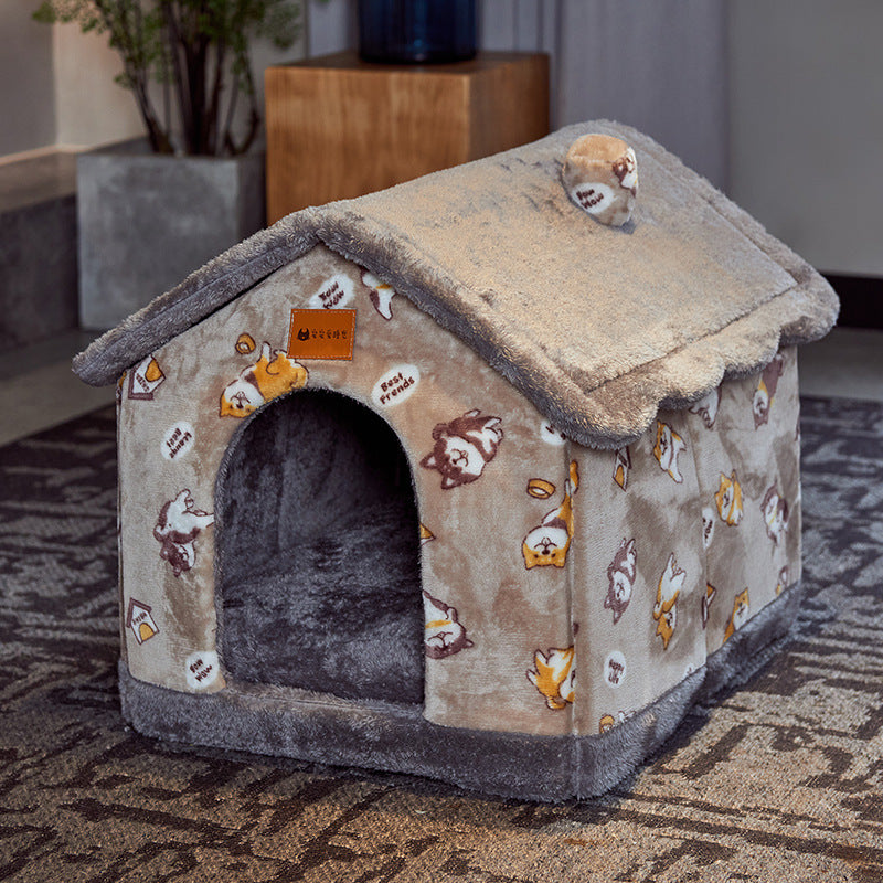 Winter Pet Bed Cave – Foldable Dog House, Warm Cat Nest, Cozy Enclosed Kennel