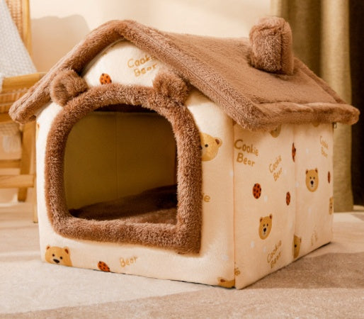 Winter Pet Bed Cave – Foldable Dog House, Warm Cat Nest, Cozy Enclosed Kennel
