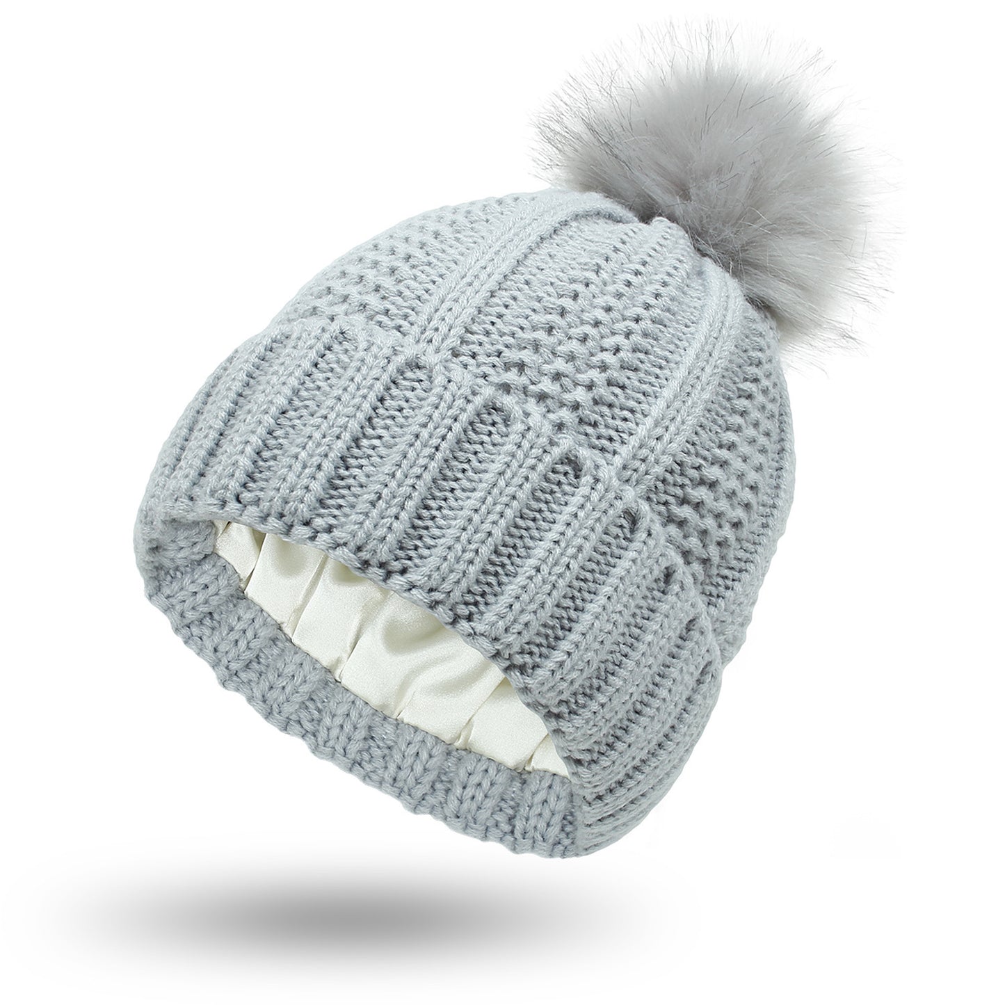Women’s Satin-Lined Knit Beanie with Faux Fur Pom