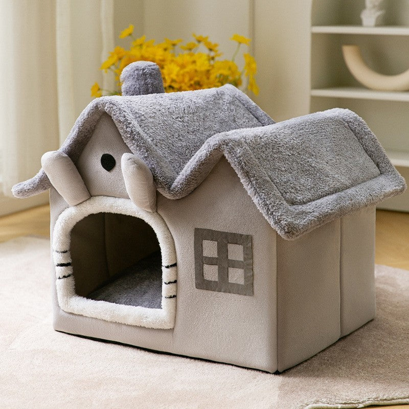 Winter Pet Bed Cave – Foldable Dog House, Warm Cat Nest, Cozy Enclosed Kennel