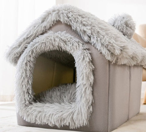 Winter Pet Bed Cave – Foldable Dog House, Warm Cat Nest, Cozy Enclosed Kennel
