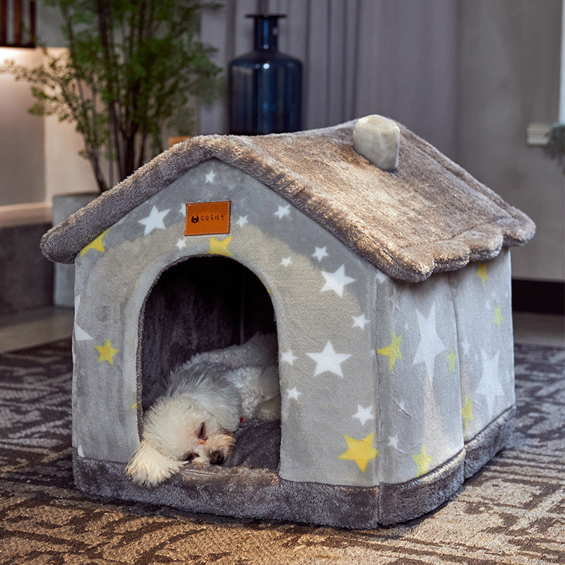 Winter Pet Bed Cave – Foldable Dog House, Warm Cat Nest, Cozy Enclosed Kennel