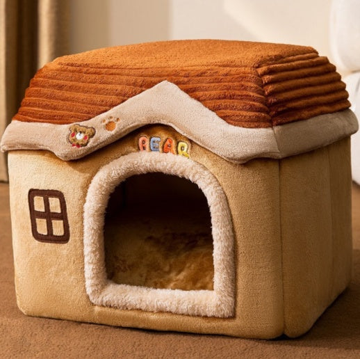 Winter Pet Bed Cave – Foldable Dog House, Warm Cat Nest, Cozy Enclosed Kennel